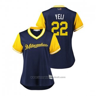 Maglia Baseball Donna Milwaukee Brewers Christian Yelich 2018 LLWS Players Weekend Yeli Blu