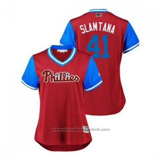 Maglia Baseball Donna Philadelphia Phillies Carlos Santana 2018 LLWS Players Weekend Slamtana Scarlet