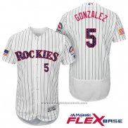 Maglia Baseball Uomo Colorado Rockies 2017 Stelle e Strisce Carlos Gonzalez 5 Bianco Flex Base