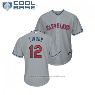 Maglia Baseball Uomo Indians Francisco Lindor 2018 Stars & Stripes Cool Base Grigio