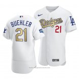 Maglia Baseball Uomo Los Angeles Dodgers Walker Buehler 2021 Gold Program Patch Autentico Bianco