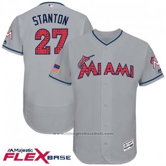 Maglia Baseball Uomo Miami Marlins 2017 Stelle e Strisce Giancarlo Stanton Grigio Flex Base