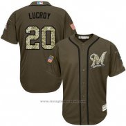 Maglia Baseball Uomo Milwaukee Brewers 20 Jonathan Lucroy Verde Salute To Service