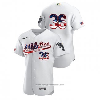 Maglia Baseball Uomo Oakland Athletics Yusmeiro Petit 2020 Stars & Stripes 4th of July Bianco