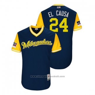 Maglia Baseball Uomo Milwaukee Brewers Jesus Aguilar 2018 LLWS Players Weekend El Causa Blu