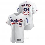 Maglia Baseball Uomo Los Angeles Dodgers Walker Buehler 2020 Stars & Stripes 4th of July Bianco