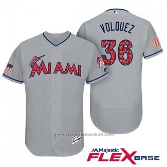 Maglia Baseball Uomo Miami Marlins 2017 Stelle e Strisce Edinson Volquez Grigio Flex Base