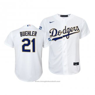 Maglia Baseball Bambino Los Angeles Dodgers Walker Buehler 2021 Gold Program Replica Bianco
