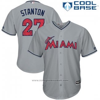 Maglia Baseball Uomo Miami Marlins 2017 Stelle e Strisce Giancarlo Stanton Grigio Cool Base