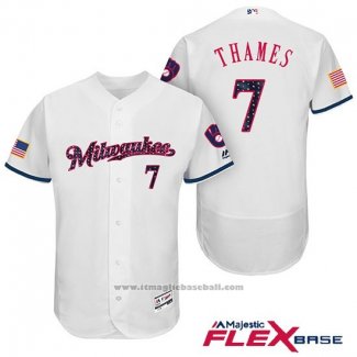 Maglia Baseball Uomo Milwaukee Brewers 2017 Stelle e Strisce Eric Thames Bianco Flex Base