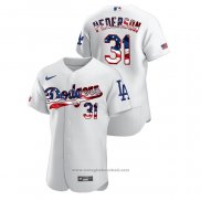 Maglia Baseball Uomo Los Angeles Dodgers Joc Pederson 2020 Stars & Stripes 4th of July Bianco