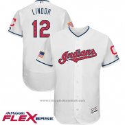 Maglia Baseball Uomo Cleveland Indians 2017 Stelle e Strisce Francisco Lindor Bianco Flex Base