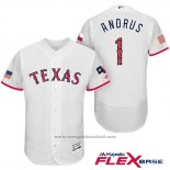 Maglia Baseball Uomo Texas Rangers 2017 Stelle e Strisce Elvis Andrus Bianco Flex Base