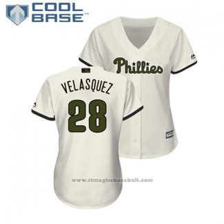 Maglia Baseball Donna Philadelphia Phillies Vince Velasquez 2018 Memorial Day Cool Base Crema