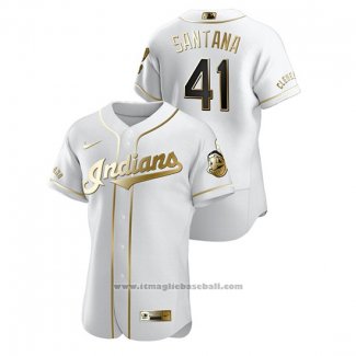 Maglia Baseball Uomo Cleveland Indians Carlos Santana Golden Edition Autentico Bianco