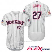 Maglia Baseball Uomo Colorado Rockies 2017 Stelle e Strisce Trevor Story 27 Bianco Flex Base