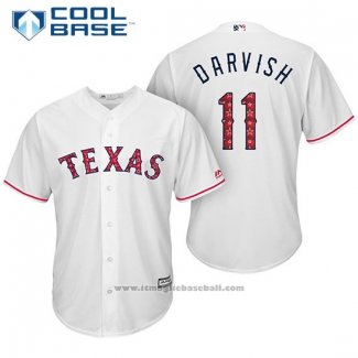 Maglia Baseball Uomo Texas Rangers 2017 Stelle e Strisce Yu Darvish Bianco Cool Base