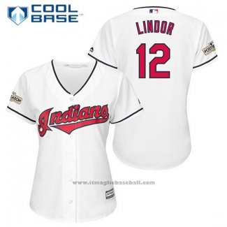 Maglia Baseball Donna Cleveland Indians 2017 Postseason 12 Francisco Lindor Bianco Cool Base