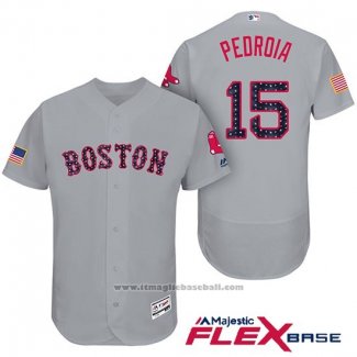 Maglia Baseball Uomo Boston Red Sox 2017 Stelle e Strisce 15 Dustin Pedroia Grigio Flex Base