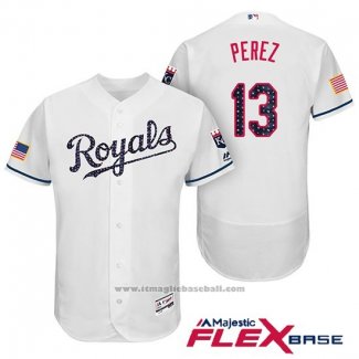 Maglia Baseball Uomo Kansas City Royals 2017 Stelle e Strisce Salvador Perez Bianco Flex Base