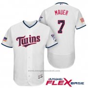 Maglia Baseball Uomo Minnesota Twins 2017 Stelle e Strisce Joe Mauer Bianco Flex Base