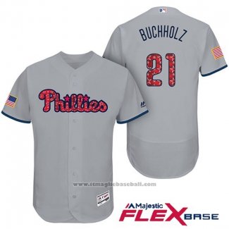 Maglia Baseball Uomo Philadelphia Phillies 2017 Stelle e Strisce Clay Buchholz Grigio Flex Base