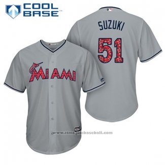 Maglia Baseball Uomo Miami Marlins 2017 Stelle e Strisce Ichiro Suzuki Grigio Cool Base