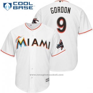 Maglia Baseball Uomo Miami Marlins 9 Dee Gordon Bianco 2017 Cool Base