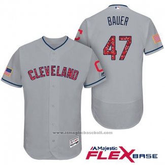 Maglia Baseball Uomo Cleveland Indians 2017 Stelle e Strisce Trevor Bauer Grigio Flex Base
