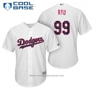 Maglia Baseball Uomo Los Angeles Dodgers 2017 Stelle e Strisce Hyun Jin Ryu Bianco Cool Base