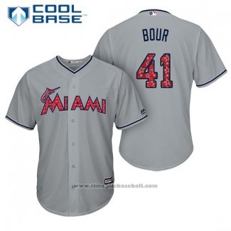 Maglia Baseball Uomo Miami Marlins 2017 Stelle e Strisce Justin Bour Grigio Cool Base