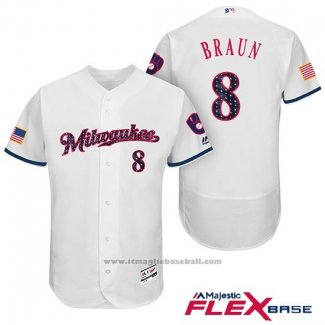 Maglia Baseball Uomo Milwaukee Brewers 2017 Stelle e Strisce Ryan Braun Bianco Flex Base