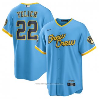 Maglia Baseball Uomo Milwaukee Brewers Christian Yelich 2022 City Connect Replica Blu