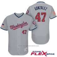 Maglia Baseball Uomo Washington Nationals 2017 Stelle e Strisce Gio Gonzalez Grigio Flex Base