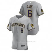 Maglia Baseball Uomo Milwaukee Brewers Lorenzo Cain Autentico 2020 Road Grigio