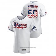 Maglia Baseball Uomo Tampa Bay Rays Charlie Morton 2020 Stars & Stripes 4th of July Bianco