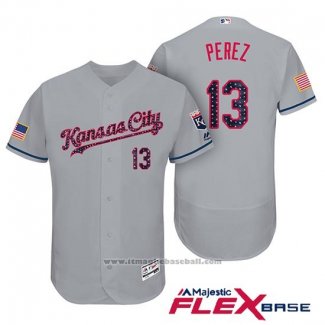 Maglia Baseball Uomo Kansas City Royals 2017 Stelle e Strisce Salvador Perez Grigio Flex Base