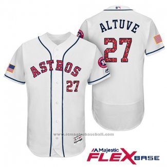 Maglia Baseball Uomo Houston Astros 2017 Stelle e Strisce Jose Altuve Bianco Flex Base