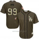 Maglia Baseball Uomo Los Angeles Dodgers 99 Hyun Jin Ryu Verde Salute To Service