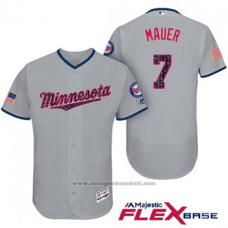 Maglia Baseball Uomo Minnesota Twins 2017 Stelle e Strisce Joe Mauer Grigio Flex Base