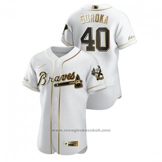 Maglia Baseball Uomo Atlanta Braves Mike Soroka Golden Edition Autentico Bianco