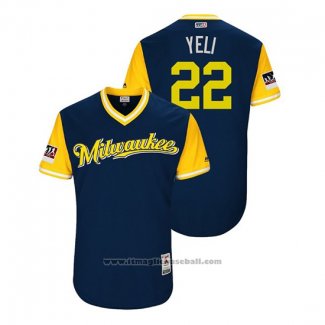 Maglia Baseball Uomo Milwaukee Brewers Christian Yelich 2018 LLWS Players Weekend Yeli Blu