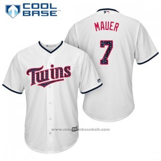 Maglia Baseball Uomo Minnesota Twins 2017 Stelle e Strisce Joe Mauer Bianco Cool Base