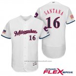 Maglia Baseball Uomo Milwaukee Brewers 2017 Stelle e Strisce Domingo Santana Bianco Flex Base